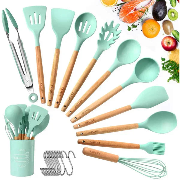 12Pcs-Silicone Kitchenware Set Kitchen Utensils Cooking Sets Non-stick Spatula Silicone Kitchen Tools with Wooden Handle Heat Resistant Non-Toxic BPA Free
